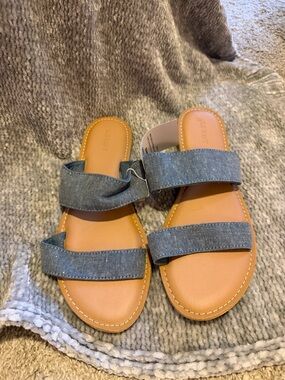 Old Navy Denim Double-Strap Slide Sandals - Tan & Blue